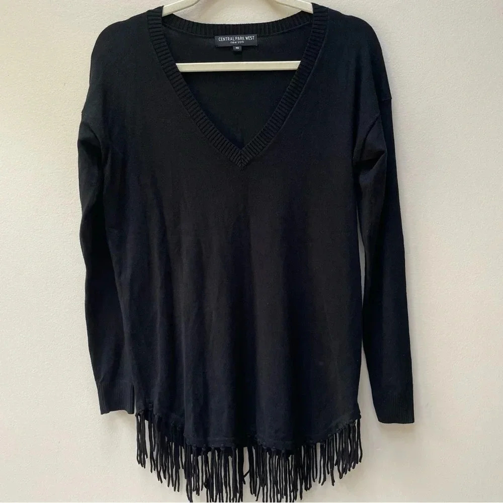 Revolve Central Park West Oversized Black Fringe Long Sleeve V Neck Top Size XS